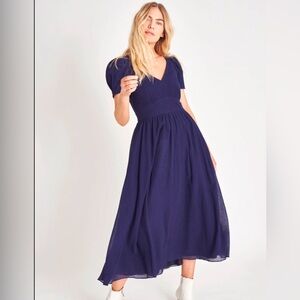 LoveShackFancy Blue Midi long Dress hutchinson silk crepe shirred flowy size 0